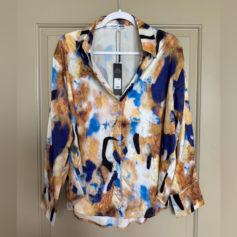 Blue/Brown Abstract Button Down Blouse